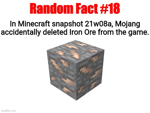 Random Fact #18 | Random Fact #18; In Minecraft snapshot 21w08a, Mojang accidentally deleted Iron Ore from the game. | image tagged in blank white template | made w/ Imgflip meme maker