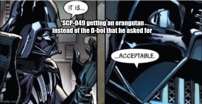 It Is Acceptable | *SCP-049 getting an orangutan instead of the D-boi that he asked for | image tagged in it is acceptable,scp meme,scp,scp-049 | made w/ Imgflip meme maker