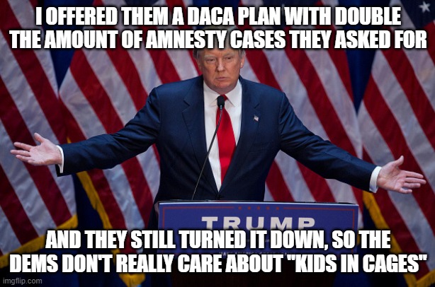 Donald Trump | I OFFERED THEM A DACA PLAN WITH DOUBLE THE AMOUNT OF AMNESTY CASES THEY ASKED FOR AND THEY STILL TURNED IT DOWN, SO THE DEMS DON'T REALLY CA | image tagged in donald trump | made w/ Imgflip meme maker