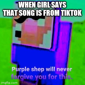 Purple shep hates tiktak | WHEN GIRL SAYS THAT SONG IS FROM TIKTOK | image tagged in purple shep will never forgive you for this | made w/ Imgflip meme maker