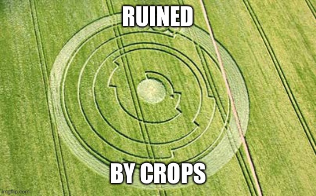 crop circle truth | RUINED BY CROPS | image tagged in crop circle truth | made w/ Imgflip meme maker