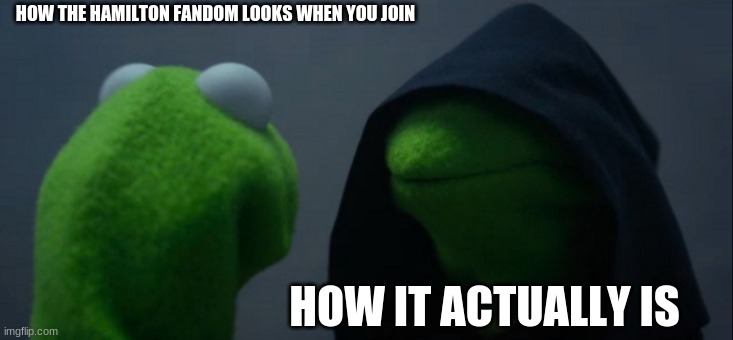 and thats on wattpad | HOW THE HAMILTON FANDOM LOOKS WHEN YOU JOIN; HOW IT ACTUALLY IS | image tagged in memes,evil kermit | made w/ Imgflip meme maker