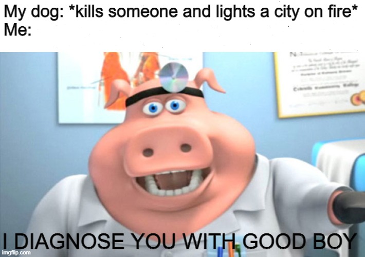 I Diagnose You With Dead | My dog: *kills someone and lights a city on fire*
Me:; I DIAGNOSE YOU WITH GOOD BOY | image tagged in i diagnose you with dead | made w/ Imgflip meme maker