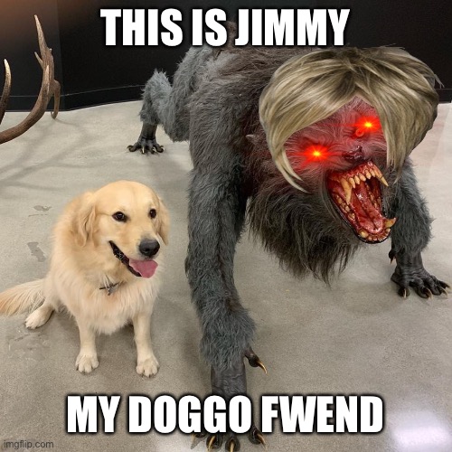 Good dog scary dog | THIS IS JIMMY; MY DOGGO FWEND | image tagged in good dog scary dog | made w/ Imgflip meme maker