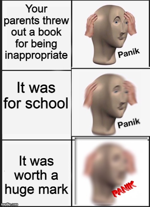 panik Panik PANIK | Your parents threw out a book for being inappropriate; It was for school; It was worth a huge mark | image tagged in panik panik panik,memes,funny memes,panik | made w/ Imgflip meme maker