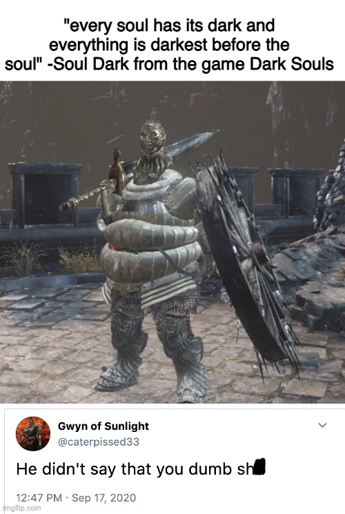 every soul has its dark - Soul Dark from Dark souls | "every soul has its dark and everything is darkest before the soul" -Soul Dark from the game Dark Souls | made w/ Imgflip meme maker