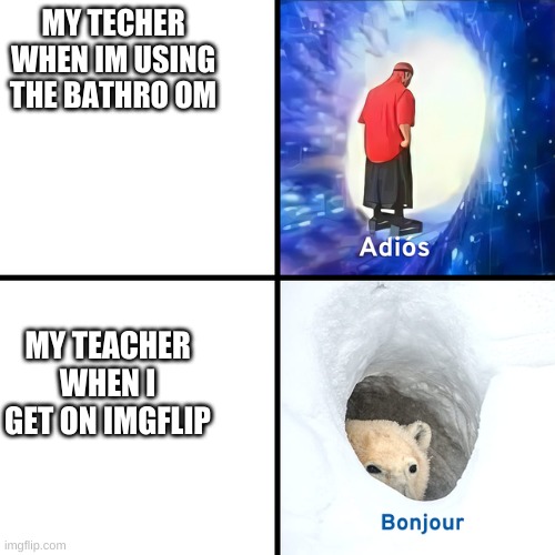 hmm thats kinda sus ngl tho | MY TECHER WHEN IM USING THE BATHRO OM; MY TEACHER WHEN I GET ON IMGFLIP | image tagged in adios bonjour,school,zoom | made w/ Imgflip meme maker
