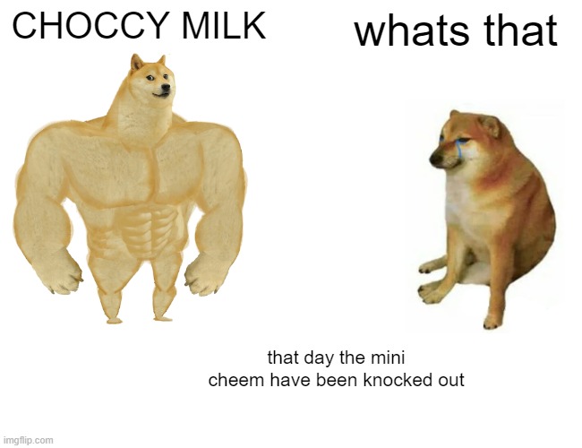 Buff Doge vs. Cheems | CHOCCY MILK; whats that; that day the mini cheem have been knocked out | image tagged in memes,buff doge vs cheems | made w/ Imgflip meme maker