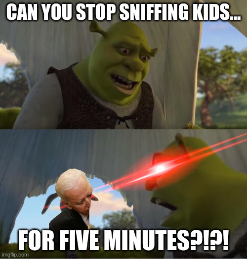 even though i support biden | CAN YOU STOP SNIFFING KIDS... FOR FIVE MINUTES?!?! | image tagged in shrek for five minutes | made w/ Imgflip meme maker