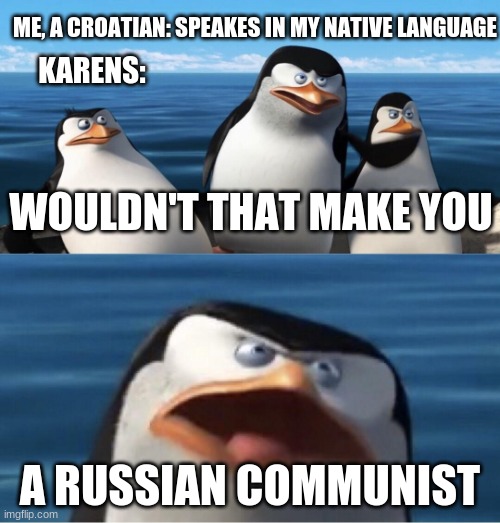 Wouldn't that make you | ME, A CROATIAN: SPEAKES IN MY NATIVE LANGUAGE; KARENS:; WOULDN'T THAT MAKE YOU; A RUSSIAN COMMUNIST | image tagged in wouldn't that make you | made w/ Imgflip meme maker
