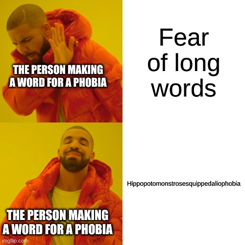 HippopotomonstrosesquippedaliophobiaHippopotomonstrosesquippedaliophobiaHippopotomonstrosesquippedaliophobiaHippopotomonstrosesq | Fear of long words; THE PERSON MAKING A WORD FOR A PHOBIA; Hippopotomonstrosesquippedaliophobia; THE PERSON MAKING A WORD FOR A PHOBIA | image tagged in memes,drake hotline bling | made w/ Imgflip meme maker