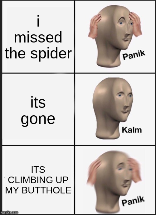 Panik Kalm Panik Meme | i missed the spider its gone ITS CLIMBING UP MY BUTTHOLE | image tagged in memes,panik kalm panik | made w/ Imgflip meme maker