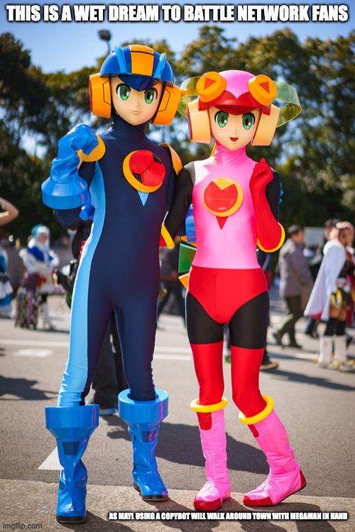 MegaMan and Roll Costumes | THIS IS A WET DREAM TO BATTLE NETWORK FANS; AS MAYL USING A COPYBOT WILL WALK AROUND TOWN WITH MEGAMAN IN HAND | image tagged in megaman,megaman battle network,memes | made w/ Imgflip meme maker