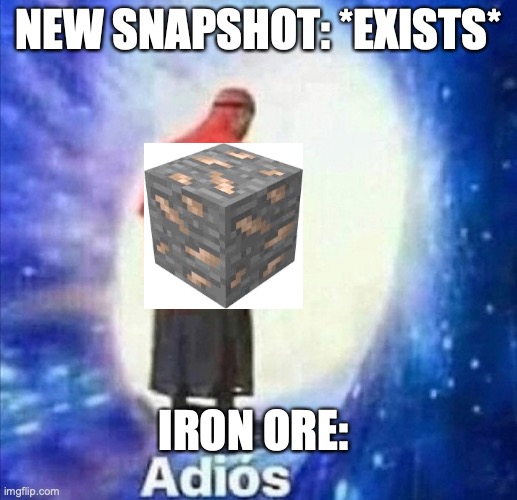 Lets hope they bring it back, or survival Minecraft will be like 10x harder | NEW SNAPSHOT: *EXISTS*; IRON ORE: | image tagged in adios | made w/ Imgflip meme maker