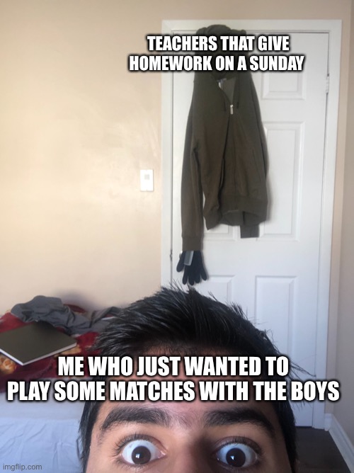 Me and the teacher | TEACHERS THAT GIVE HOMEWORK ON A SUNDAY; ME WHO JUST WANTED TO PLAY SOME MATCHES WITH THE BOYS | image tagged in funny memes | made w/ Imgflip meme maker
