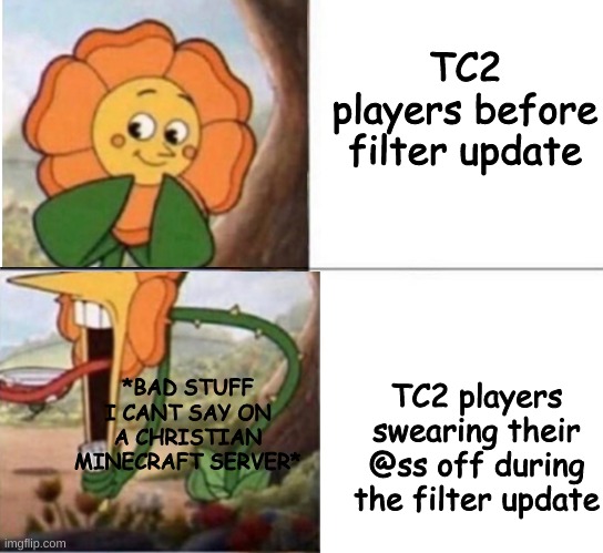Roblox meme because why not | TC2 players before filter update; *BAD STUFF I CANT SAY ON A CHRISTIAN MINECRAFT SERVER*; TC2 players swearing their @ss off during the filter update | image tagged in typical colors 2,roblox,gaming | made w/ Imgflip meme maker