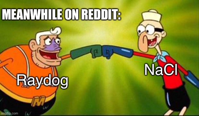 mermaid man and barnacle boy | Raydog NaCl MEANWHILE ON REDDIT: | image tagged in mermaid man and barnacle boy | made w/ Imgflip meme maker