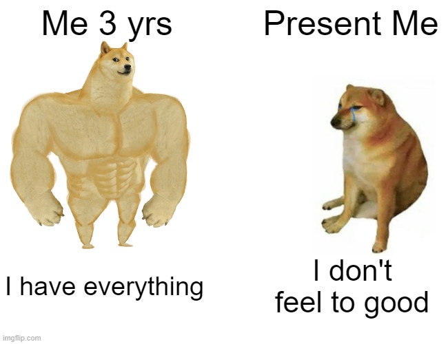 me be like | Me 3 yrs; Present Me; I have everything; I don't feel to good | image tagged in memes,buff doge vs cheems | made w/ Imgflip meme maker