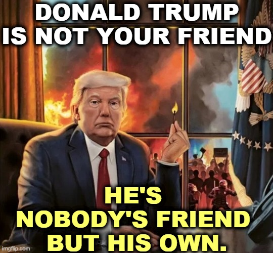 Always looking out for Number One. | DONALD TRUMP
IS NOT YOUR FRIEND; HE'S 
NOBODY'S FRIEND 
BUT HIS OWN. | image tagged in donald trump america's arsonist firebug,trump,psychopath,arson,sociopath | made w/ Imgflip meme maker