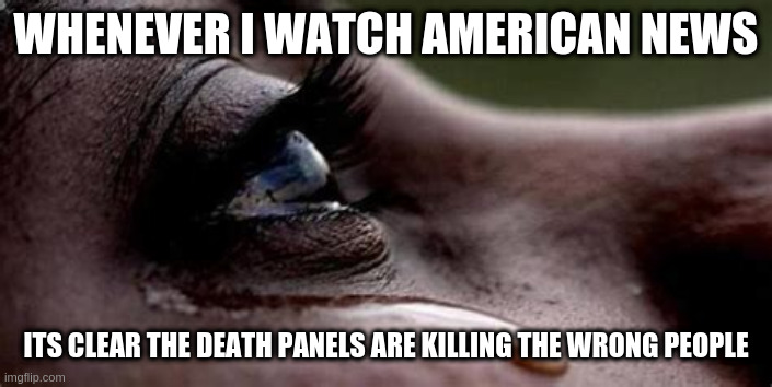 Republican tears | WHENEVER I WATCH AMERICAN NEWS; ITS CLEAR THE DEATH PANELS ARE KILLING THE WRONG PEOPLE | image tagged in republican tears | made w/ Imgflip meme maker