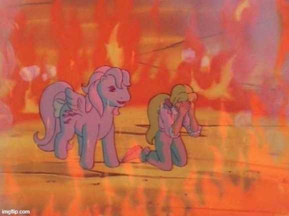Crying girl and pony | image tagged in pony,fire,little girl crying | made w/ Imgflip meme maker