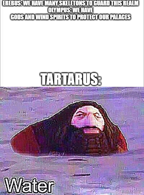 Styx, Phlegethon, cocytus, to name a few | EREBUS: WE HAVE MANY SKELETONS TO GUARD THIS REALM
OLYMPUS: WE HAVE GODS AND WIND SPIRITS TO PROTECT OUR PALACES; TARTARUS: | image tagged in white background,ps1 hagrid water meme | made w/ Imgflip meme maker
