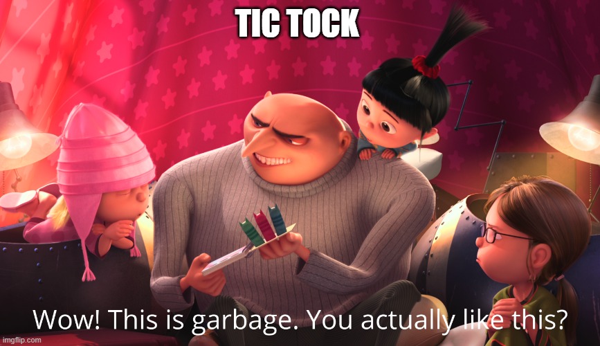 Wow! This is garbage. You actually like this? | TIC TOCK | image tagged in wow this is garbage you actually like this | made w/ Imgflip meme maker