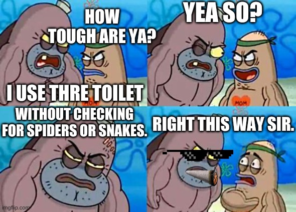 Welcome to the Salty Spitoon | YEA SO? HOW TOUGH ARE YA? I USE THRE TOILET; WITHOUT CHECKING FOR SPIDERS OR SNAKES. RIGHT THIS WAY SIR. | image tagged in welcome to the salty spitoon | made w/ Imgflip meme maker