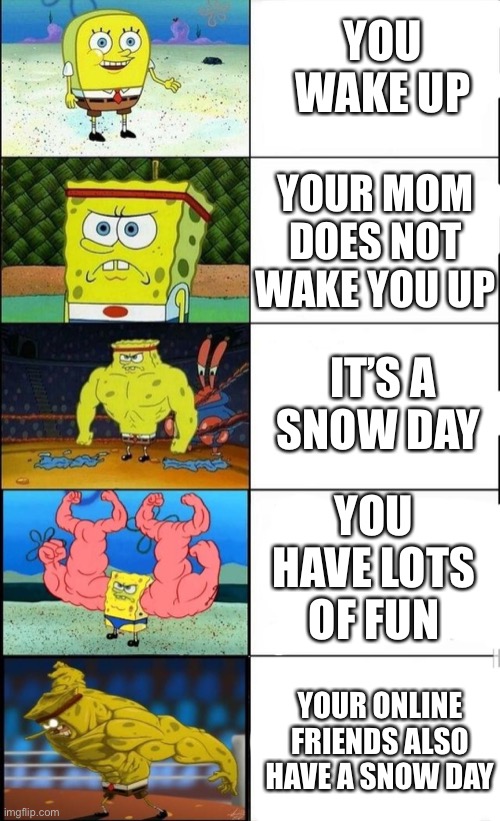 When You Have A Snow Day | YOU WAKE UP; YOUR MOM DOES NOT WAKE YOU UP; IT’S A SNOW DAY; YOU HAVE LOTS OF FUN; YOUR ONLINE FRIENDS ALSO HAVE A SNOW DAY | image tagged in memes | made w/ Imgflip meme maker