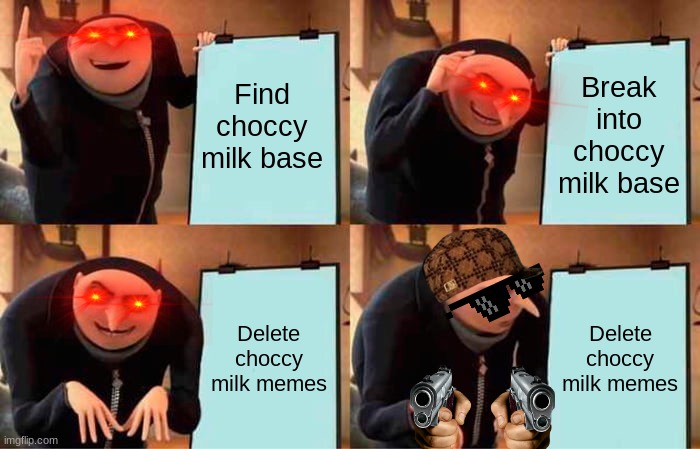 Gru's Plan | Find choccy milk base; Break into choccy milk base; Delete choccy milk memes; Delete choccy milk memes | image tagged in memes,gru's plan | made w/ Imgflip meme maker