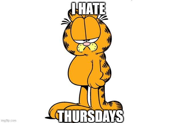 Grumpy Garfield | I HATE; THURSDAYS | image tagged in grumpy garfield | made w/ Imgflip meme maker