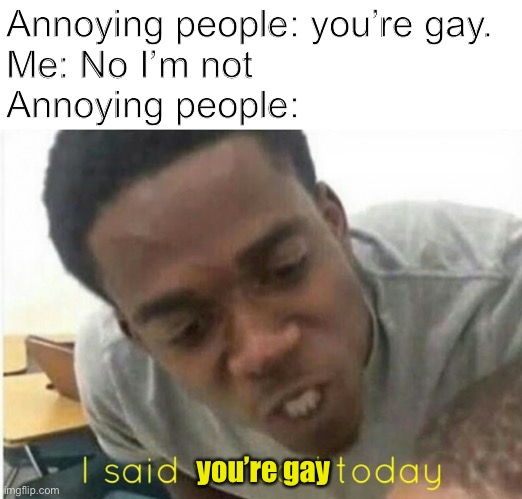 This really grinds my gears | Annoying people: you’re gay.
Me: No I’m not
Annoying people:; you’re gay | image tagged in i said we ____ today | made w/ Imgflip meme maker