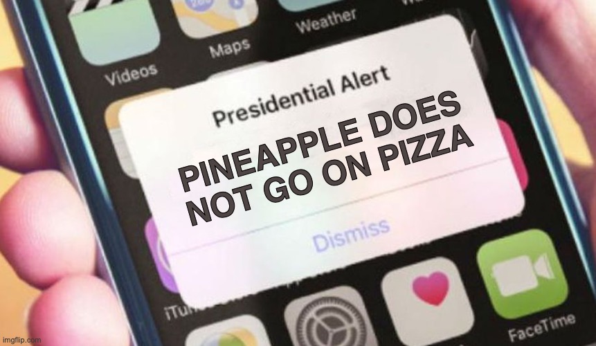 Pineapple Pizza | PINEAPPLE DOES NOT GO ON PIZZA | image tagged in president,pineapple,pizza,presidential alert,italian | made w/ Imgflip meme maker