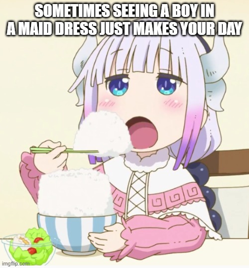 Kanna Eating Rice | SOMETIMES SEEING A BOY IN A MAID DRESS JUST MAKES YOUR DAY | image tagged in kanna eating rice | made w/ Imgflip meme maker