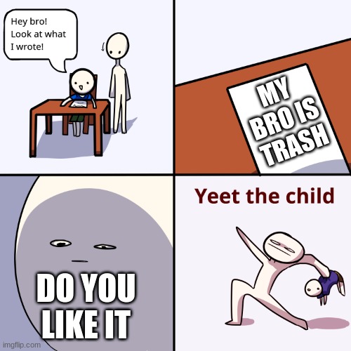 Yeet the child | MY BRO IS TRASH; DO YOU LIKE IT | image tagged in yeet the child | made w/ Imgflip meme maker