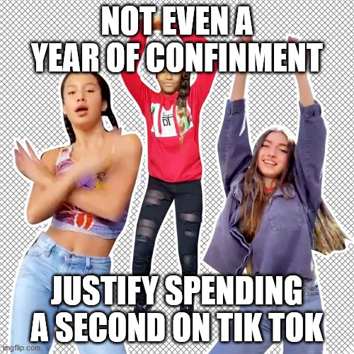 tik tok | NOT EVEN A YEAR OF CONFINMENT; JUSTIFY SPENDING A SECOND ON TIK TOK | image tagged in fun,funny,grumpy bear,covid,boring,tik tok | made w/ Imgflip meme maker
