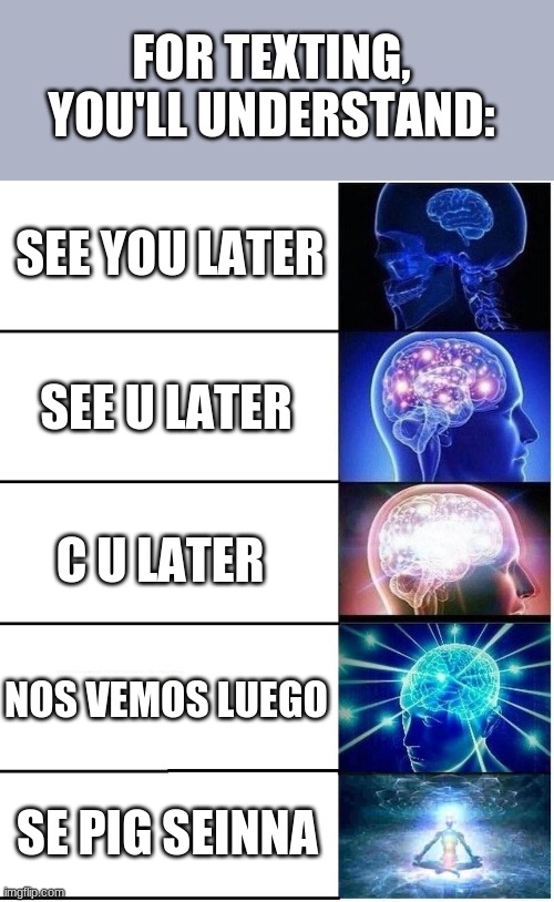 Expanding Brain 5 Panel | FOR TEXTING, YOU'LL UNDERSTAND:; SEE YOU LATER; SEE U LATER; C U LATER; NOS VEMOS LUEGO; SE PIG SEINNA | image tagged in expanding brain 5 panel | made w/ Imgflip meme maker