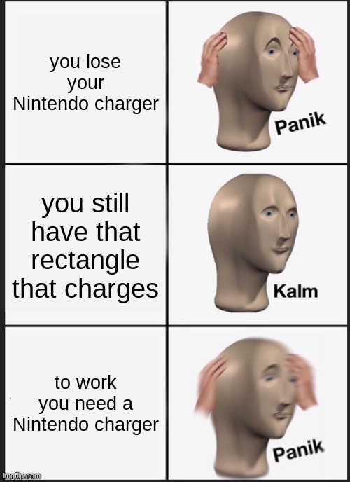 True story | you lose your Nintendo charger; you still have that rectangle that charges; to work you need a Nintendo charger | image tagged in memes,panik kalm panik | made w/ Imgflip meme maker