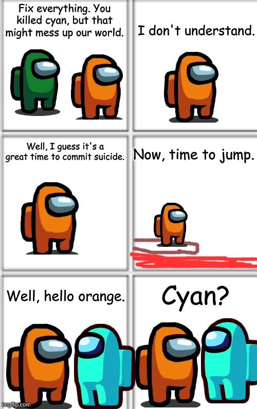 Among Us Part 5 | I don't understand. Fix everything. You killed cyan, but that might mess up our world. Well, I guess it's a great time to commit suicide. Now, time to jump. Cyan? Well, hello orange. | image tagged in comic template 3x2 | made w/ Imgflip meme maker