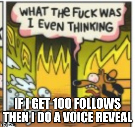 i'm gonna regret this shit, but ok | IF I GET 100 FOLLOWS THEN I DO A VOICE REVEAL | image tagged in what was i thinking | made w/ Imgflip meme maker