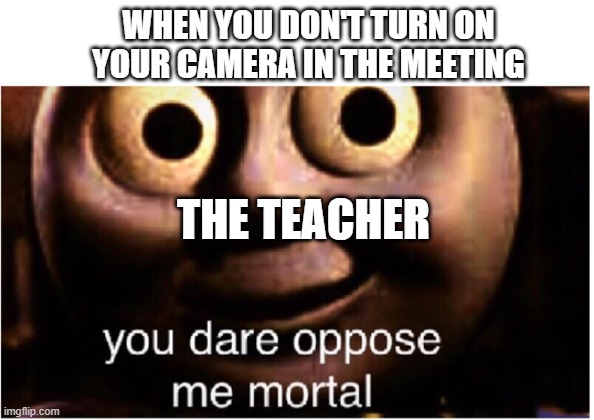 you dare oppose me mortal | WHEN YOU DON'T TURN ON YOUR CAMERA IN THE MEETING; THE TEACHER | image tagged in you dare oppose me mortal | made w/ Imgflip meme maker