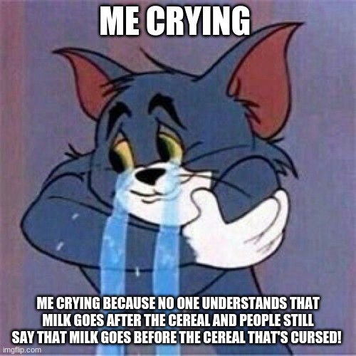 ME CRYING; ME CRYING BECAUSE NO ONE UNDERSTANDS THAT MILK GOES AFTER THE CEREAL AND PEOPLE STILL SAY THAT MILK GOES BEFORE THE CEREAL THAT'S CURSED! | made w/ Imgflip meme maker