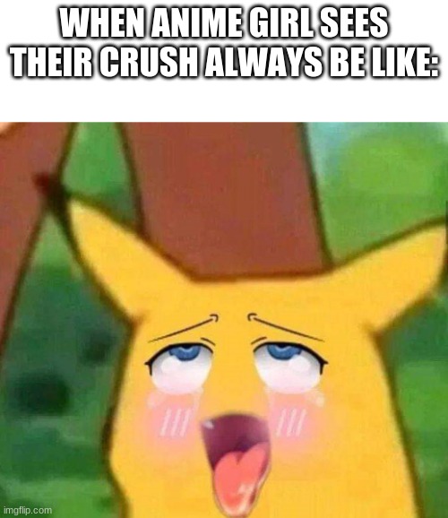 Yes. | WHEN ANIME GIRL SEES THEIR CRUSH ALWAYS BE LIKE:; ㅤㅤㅤㅤㅤㅤㅤㅤㅤㅤ | image tagged in pikachu hentai face | made w/ Imgflip meme maker