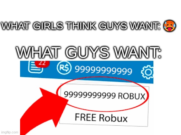 All we want is robux! | WHAT GIRLS THINK GUYS WANT: 🥵; WHAT GUYS WANT: | image tagged in memes,funny,robux,i put a lot of tags,stop reading the tags | made w/ Imgflip meme maker