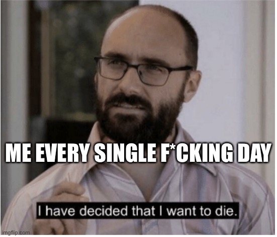 Kill me please | ME EVERY SINGLE F*CAKING DAY | image tagged in i have decided i want to die | made w/ Imgflip meme maker