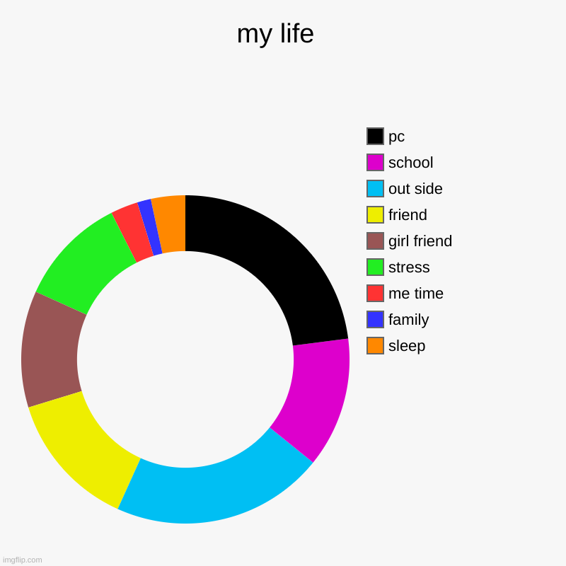 my life  | sleep, family, me time, stress, girl friend, friend, out side, school, pc | image tagged in charts,donut charts | made w/ Imgflip chart maker