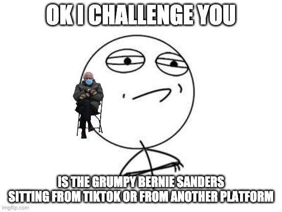 Challenge Accepted Rage Face Meme | OK I CHALLENGE YOU IS THE GRUMPY BERNIE SANDERS SITTING FROM TIKTOK OR FROM ANOTHER PLATFORM | image tagged in memes,challenge accepted rage face | made w/ Imgflip meme maker