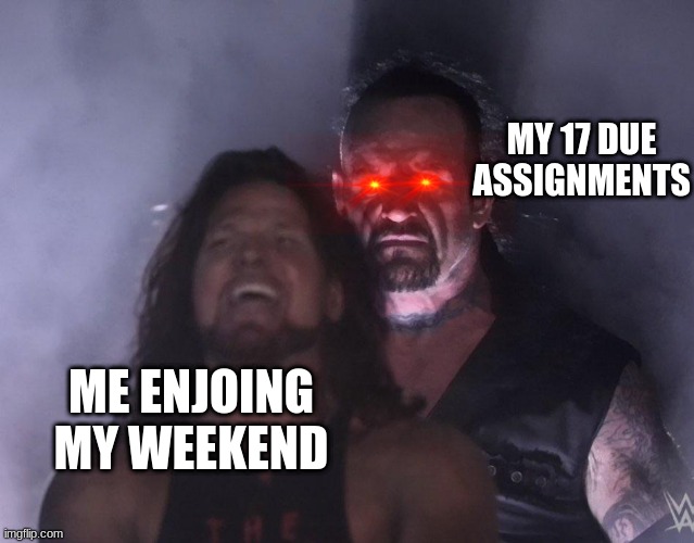 undertaker | MY 17 DUE ASSIGNMENTS; ME ENJOING MY WEEKEND | image tagged in undertaker | made w/ Imgflip meme maker