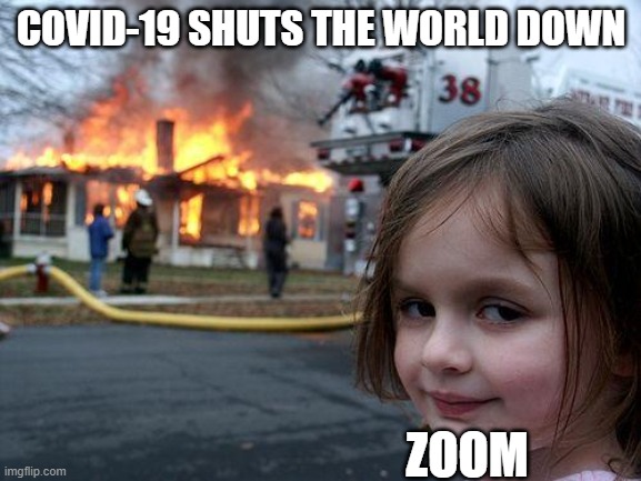 Zoom is behind COVID-19 | COVID-19 SHUTS THE WORLD DOWN; ZOOM | image tagged in memes,disaster girl | made w/ Imgflip meme maker