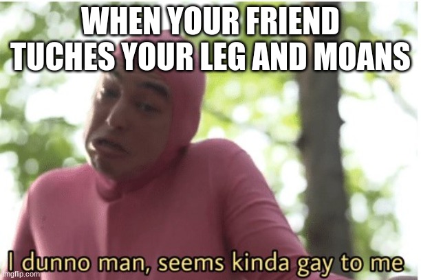 I dunno man seems kinda gay to me | WHEN YOUR FRIEND TUCHES YOUR LEG AND MOANS | image tagged in i dunno man seems kinda gay to me | made w/ Imgflip meme maker